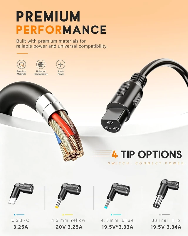 Alt view image 3 of 7 - Universal 65W USB C Laptop Charger 4-in-1 with 3 Round Tips AC Adapter