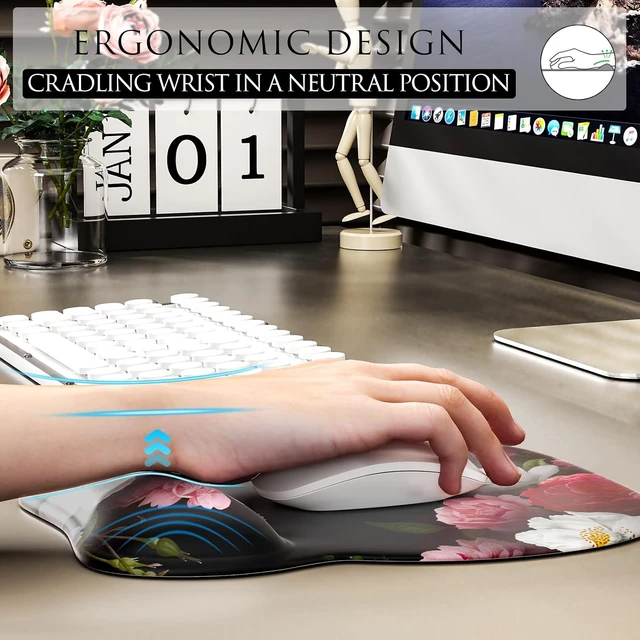 Alt view image 5 of 6 - Ergonomic Mouse Pad with Gel Wrist Rest 9.4 x 8.1 in Black Flower