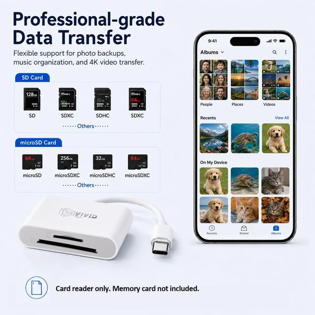 Alt view image 2 of 7 - SD Card Reader for iPhone17/16/15 Pro Max/iPad/MacBook Android Phones