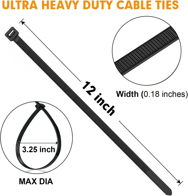 Alt view image 2 of 7 - 1200pcs Black Cable Zip Ties 12 Inch Heavy Duty Plastic Nylon Tie Wraps with 50lb Tensile Strength for Indoor & Outdoor