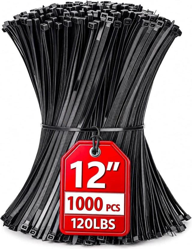 Main image of Zip Ties 12 inch 1000 Pack Heavy Duty Black Zip Ties with 120 lbs Tensile Strength Self-Locking Nylon Cable Ties Wire Ties for indoor and outdoor use.