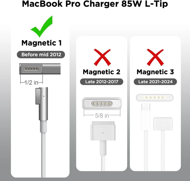 Alt view image 3 of 7 - 85W Charger for MacBook Pro85W Magnetic1 L-Tip Power Adapter Charger Replacement for MacBook Pro 13/15/17 inch (Before Mid 2012 Models)