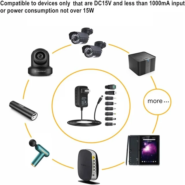 Alt view image 5 of 7 - Universal AC Adapter 15V 1A Power Supply 15W AC110V to DC15V Power Driver 15V 100mA~1000mA All Compatible with 8 DC Plug Tips adapters Charger Transformer AC-DC Adapter (DC15V~1A)