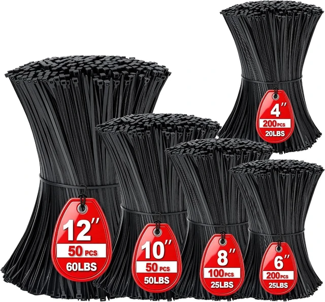 Main image of Black Zip Ties Assorted Sizes 4+6+8+10+12-Inch600PCS Multi-Purpose Self-Locking Nylon Cable Tie Wire Tie Perfect for Home Garden Trellis Office Garage and Workshop.