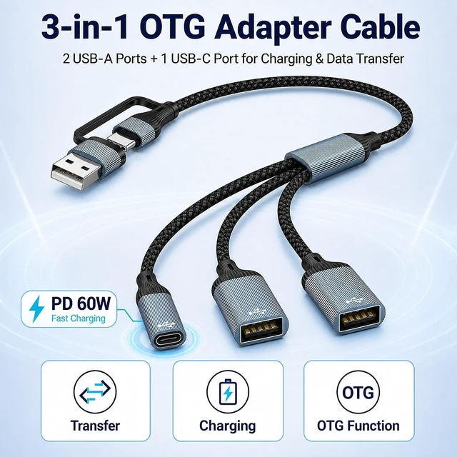 Alt view image 2 of 7 - USB A Type C Multi-Port Adapter Cable 1FT USBC to USB Adapter Type A & USB C Male Expands 2 USB-A and 1 Type C Female Adapter for iPhone 17/16/15 MacBook Pro iPad Air Laptop PC and Tablet