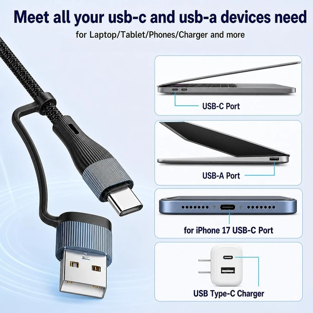 Alt view image 3 of 7 - USB A Type C Multi-Port Adapter Cable 1FT USBC to USB Adapter Type A & USB C Male Expands 2 USB-A and 1 Type C Female Adapter for iPhone 17/16/15 MacBook Pro iPad Air Laptop PC and Tablet