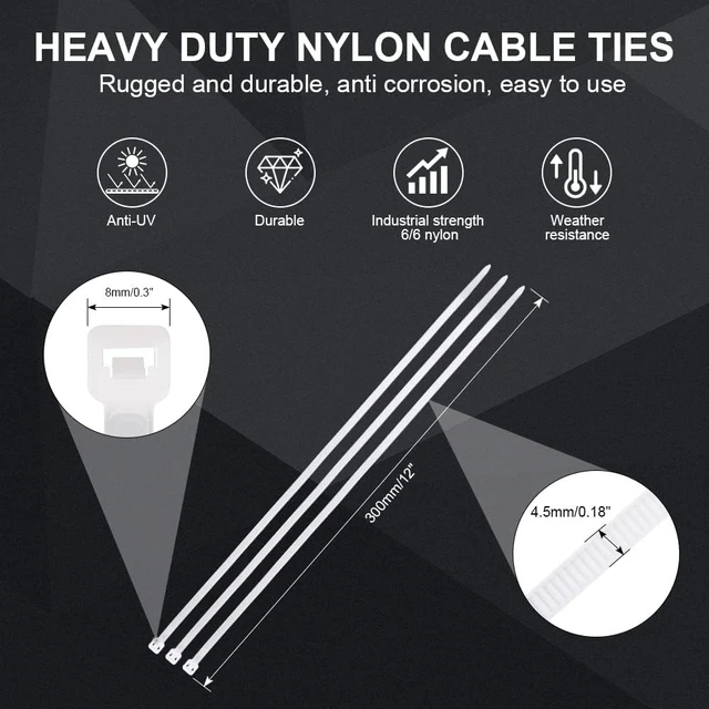Alt view image 2 of 7 - White Zip Ties Heavy Duty 12 inch 100 Pack 50LB Cable Ties Clear Zipties