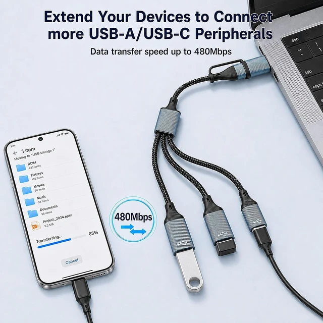 Alt view image 4 of 7 - USB A Type C Multi-Port Adapter Cable 1FT USBC to USB Adapter Type A & USB C Male Expands 2 USB-A and 1 Type C Female Adapter for iPhone 17/16/15 MacBook Pro iPad Air Laptop PC and Tablet