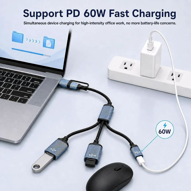 Alt view image 5 of 7 - USB A Type C Multi-Port Adapter Cable 1FT USBC to USB Adapter Type A & USB C Male Expands 2 USB-A and 1 Type C Female Adapter for iPhone 17/16/15 MacBook Pro iPad Air Laptop PC and Tablet