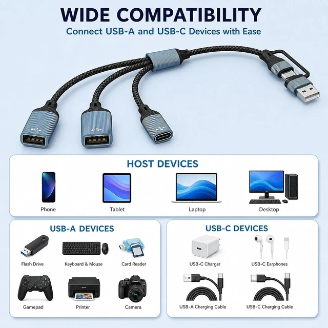 Alt view image 7 of 7 - USB A Type C Multi-Port Adapter Cable 1FT USBC to USB Adapter Type A & USB C Male Expands 2 USB-A and 1 Type C Female Adapter for iPhone 17/16/15 MacBook Pro iPad Air Laptop PC and Tablet