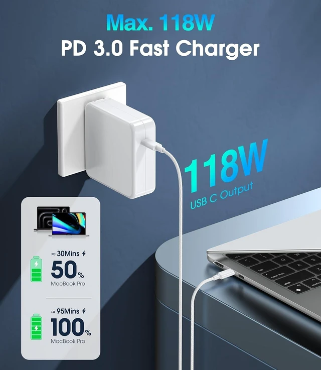 Alt view image 2 of 7 - Mac Book Pro Charger - 118W USB C Laptop Charger Power Adapter Fit MacBook Air 13 14 15 16 inch MacBook Pro M1 M2 M3 M4 iPad Pro and All Type C Port Devices 6.6FT USB-C Braided Cable