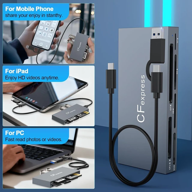 Alt view image 3 of 7 - Multi 8 in 1 USB C/USB A for CFexpress Type B Card Reader 10Gbps CFexpress Adapter for Type B/CF/XD/MS/TF/SD Card with Windows/Mac/Linux/Android for iPhone 16/15 iPad Pro//Laptops/Tablets
