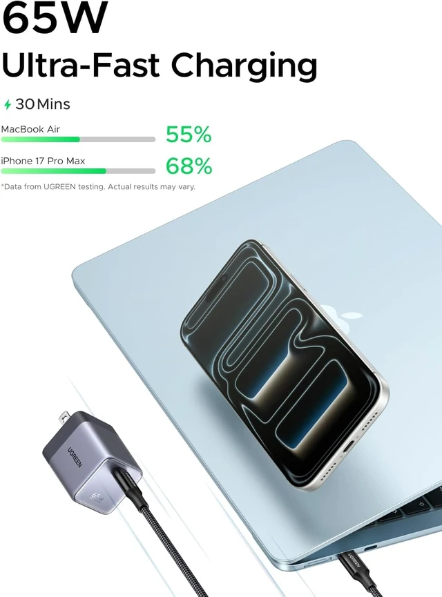 Alt view image 3 of 7 - Nexode Air 65W USB C GaN Charger Block with 3.3ft Cable Black