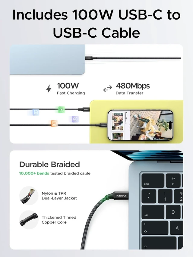 Alt view image 5 of 7 - Nexode Air 65W USB C GaN Charger Block with 3.3ft Cable Black