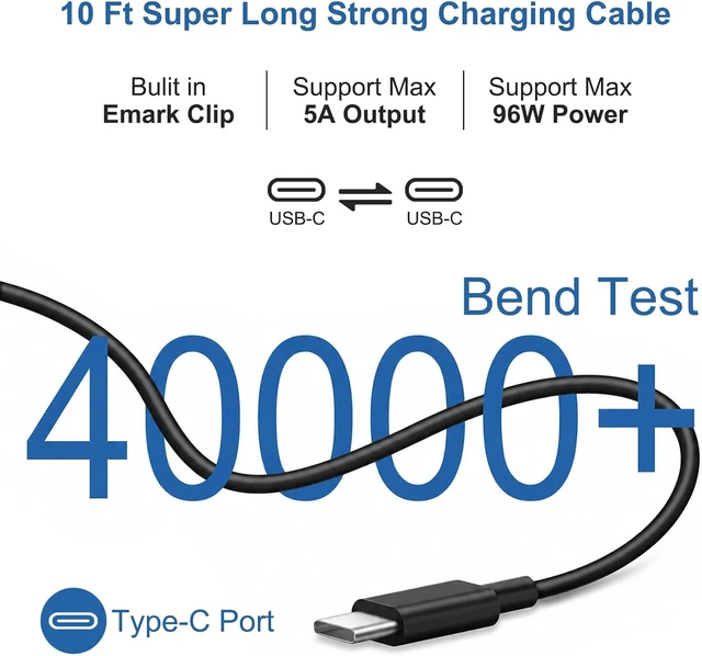 Alt view image 2 of 7 - 10FT Mac Book Pro Air Charger Long Type C Charging Cable with 96W 87W 61W USB Type C(USB-C) Fast Power Adapter Compatible with MacBook Air Pro and All USB-C Devices Black