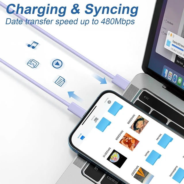 Alt view image 3 of 7 - Mac Book Pro Air Charger with 10FT Extra Long Type C Charging Cable Purple