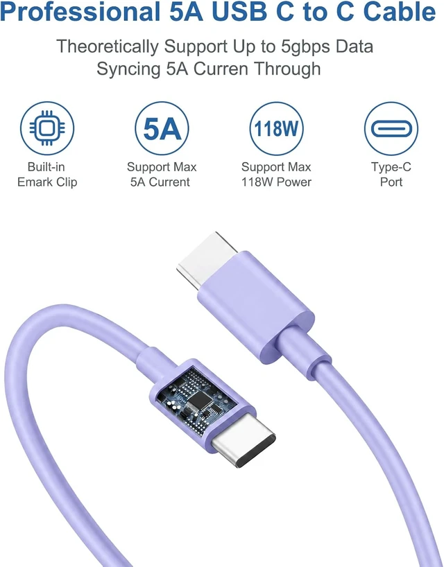 Alt view image 5 of 7 - Mac Book Pro Air Charger with 10FT Extra Long Type C Charging Cable Purple