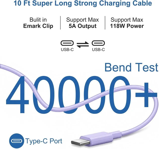Alt view image 6 of 7 - Mac Book Pro Air Charger with 10FT Extra Long Type C Charging Cable Purple