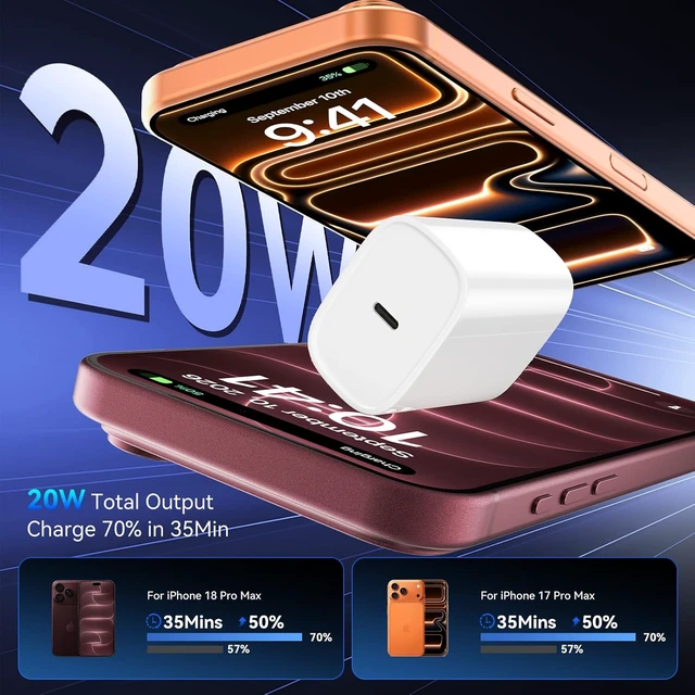 Alt view image 2 of 6 - iPhone 18 17 16 Pro Max Charger Fast Charging 20W iPhone Duo USB C Charger
