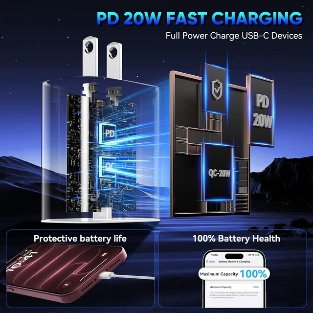 Alt view image 5 of 6 - iPhone 18 17 16 Pro Max Charger Fast Charging 20W iPhone Duo USB C Charger