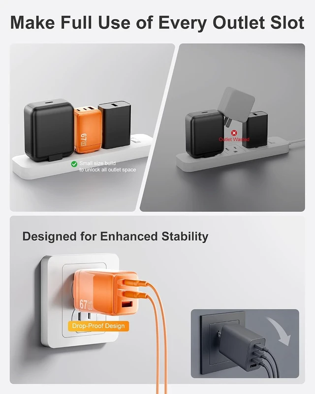 Alt view image 4 of 7 - Phone Charger USB C Fast Charging 67W GaN Compact Foldable Wall Plug