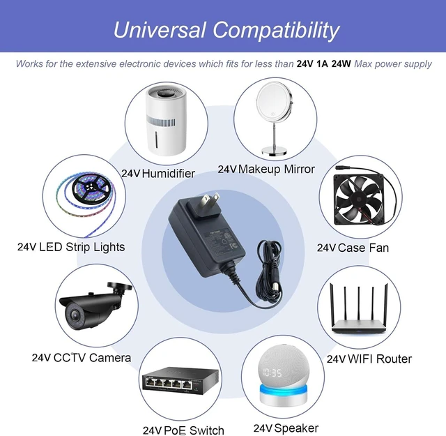 Alt view image 5 of 7 - 24V 1A Power Supply 6 FT Power Cord ETL Certified AC 100V-240V to DC 24 Volt Power Supply Adapter with 5.5mm x 2.1mm Plug and 9 Interchangeable Plug for 24V Electronic Devices ONLY