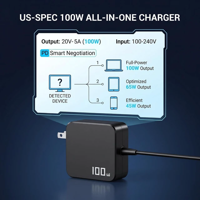Alt view image 4 of 7 - 100W USB C Laptop Charger PD Fast Charging Power Adapter Compatible with MacBook Air/Pro 13 XPS 13 Latitude ThinkPad Yoga IdeaPad Spectre Envy EliteBook ZenBook USB-C