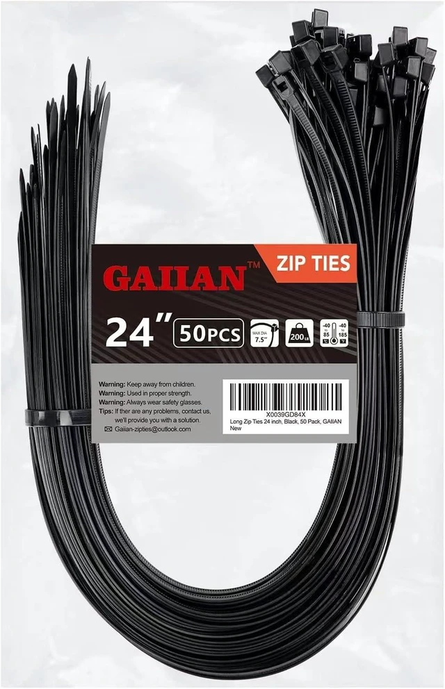 Main image of Long Zip Ties Heavy Duty 24 inch Large Zip Ties with 200 lbs Tensile Strength Big Cable Ties Black 50 Pack by