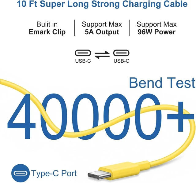 Alt view image 4 of 7 - 10FT Mac Book Pro Air Charger Long Type C Charging Cable with 96W 87W 61W USB Type C(USB-C) Fast Power Adapter Compatible with MacBook Air Pro and All USB-C Devices Yellow