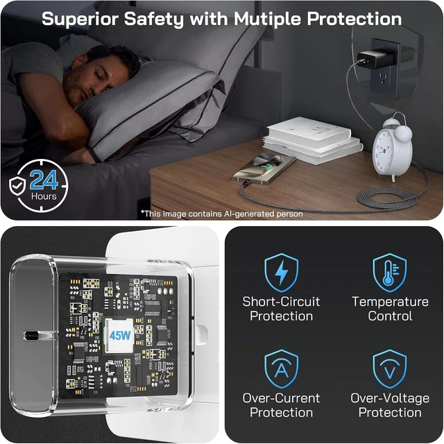 Alt view image 6 of 7 - 45W Super Fast Charger USB C Type-C Android Phone Charger Fast Charging