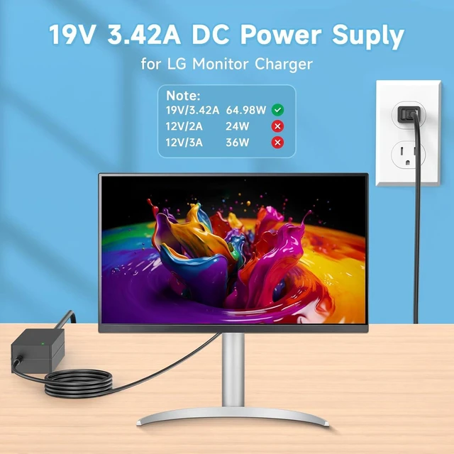 Alt view image 3 of 7 - for LG Monitor Power Cord 19V DC Power Supply 19V 3.42A Adapter 6.5 * 4.4mm
