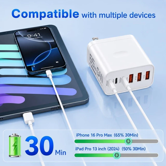 Alt view image 2 of 7 - 65W USB C Charger Block 2 Pack 6-Port PD Fast Wall Charger