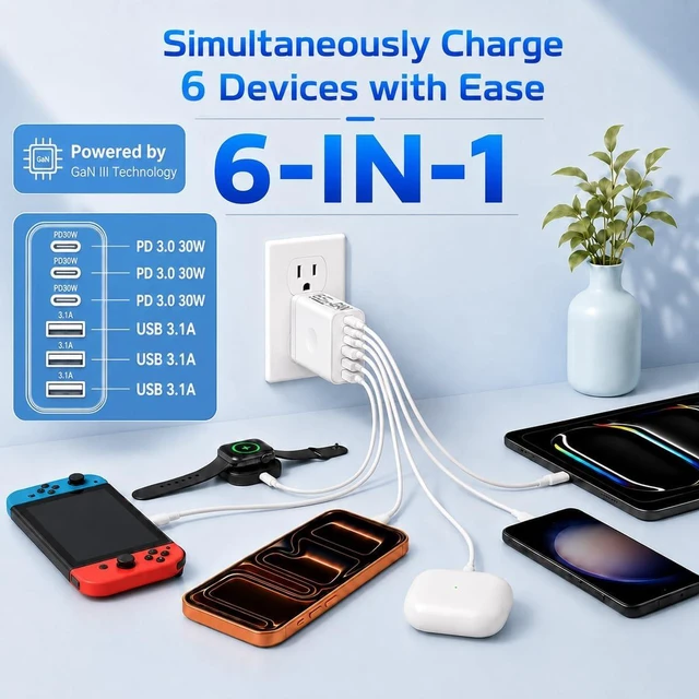 Alt view image 3 of 7 - 65W USB C Charger Block 2 Pack 6-Port PD Fast Wall Charger