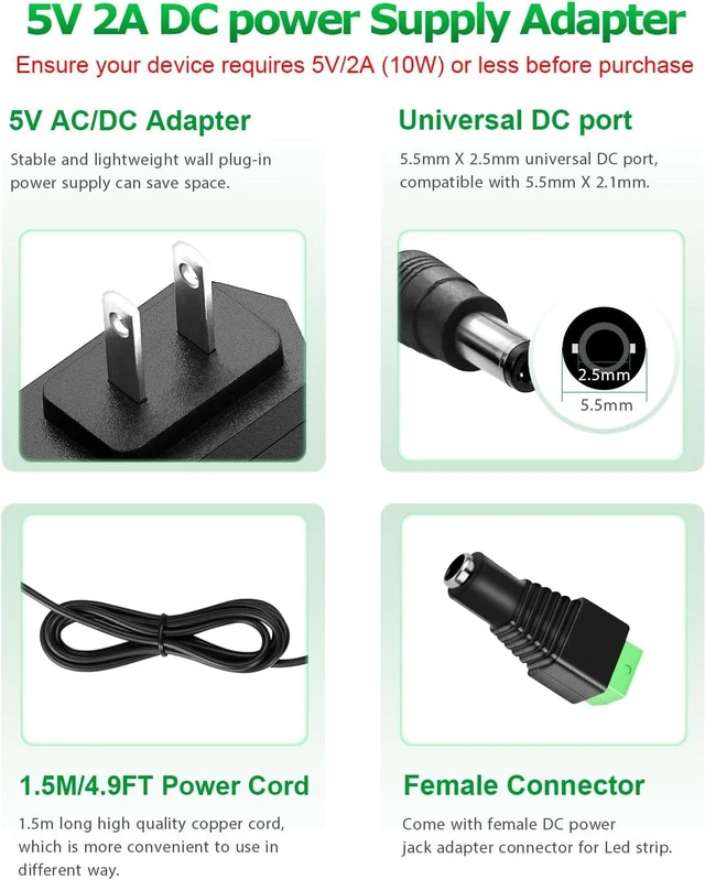 Alt view image 3 of 7 - 5V 2A 10W DC Power Supply Adapter AC/DC Wall Plug Charger AC 100V-240V to D C 5 Volt 2Amp 1A 1.5A Replacement Power Cord USB Type C for Security Camera Baby Monitor TV Box Raspberry