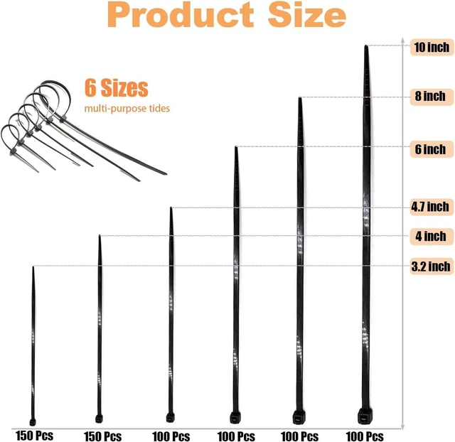 Alt view image 2 of 7 - 700 Pcs Cable Ties 6 Size 3.2/4/4.7/6/8/10 Inch Black Nylon Electrical Zip Ties Zipties Assorted Sizes for Home Office Gardening Electronics Cable Management