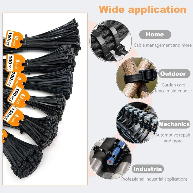 Alt view image 5 of 7 - 700 Pcs Cable Ties 6 Size 3.2/4/4.7/6/8/10 Inch Black Nylon Electrical Zip Ties Zipties Assorted Sizes for Home Office Gardening Electronics Cable Management