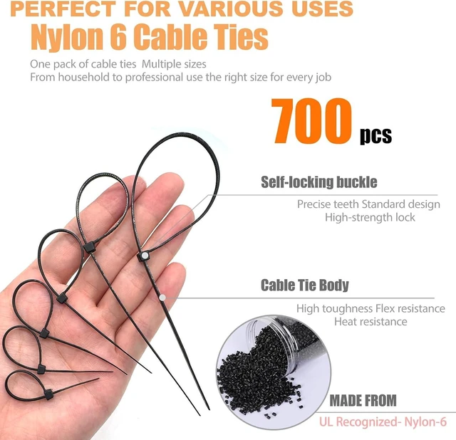 Alt view image 3 of 7 - 700 Pcs Cable Ties 6 Size 3.2/4/4.7/6/8/10 Inch Black Nylon Electrical Zip Ties Zipties Assorted Sizes for Home Office Gardening Electronics Cable Management