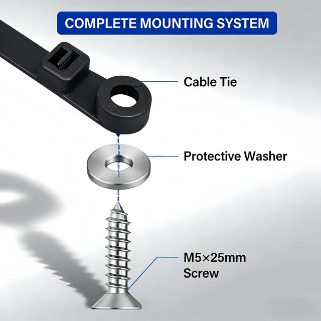 Alt view image 2 of 6 - 30 PCS 12 Inch Mountable Cable Zip Ties with Screw Hole 50LBS Heavy Duty Nylon Black Cable Ties with 30 PCS ScrewsWashers for Electrical HVAC Workshop Indoor & Outdoor Organizing
