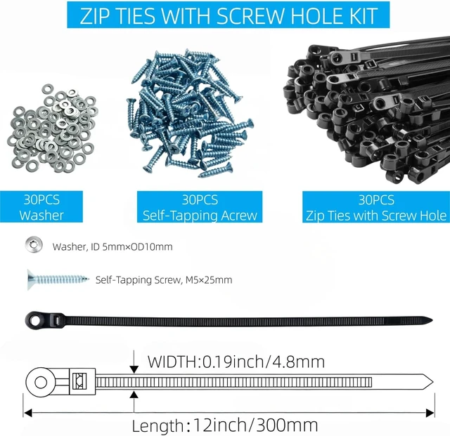 Alt view image 3 of 6 - 30 PCS 12 Inch Mountable Cable Zip Ties with Screw Hole 50LBS Heavy Duty Nylon Black Cable Ties with 30 PCS ScrewsWashers for Electrical HVAC Workshop Indoor & Outdoor Organizing