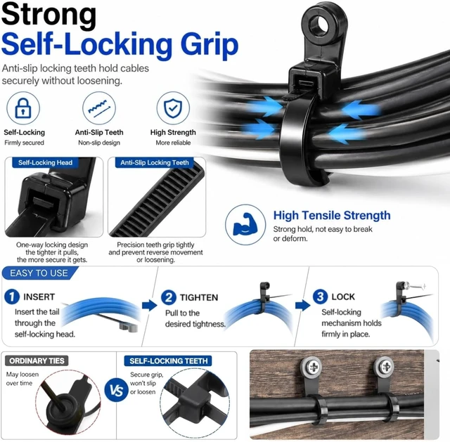 Alt view image 5 of 6 - 30 PCS 12 Inch Mountable Cable Zip Ties with Screw Hole 50LBS Heavy Duty Nylon Black Cable Ties with 30 PCS ScrewsWashers for Electrical HVAC Workshop Indoor & Outdoor Organizing