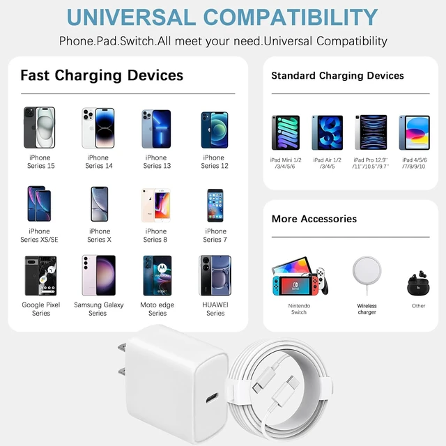 Alt view image 6 of 7 - 10FT iPhone 18 17 16 15 Charger Fast Charging USB C Charger Block