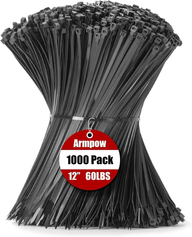 Main image of 12 Inch Zip Ties Black 1000 PCS 60 Lbs- Heavy Duty Tensile Strength Nylon PA66 UV Resistant Cable Ties for Indoor and Outdoor Use - Ideal for object bundling and fastening