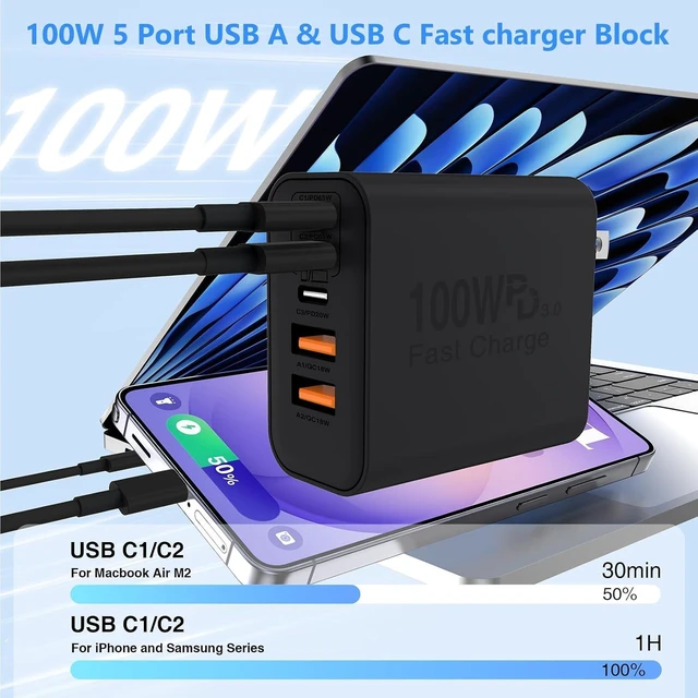 Alt view image 2 of 7 - USB C Wall Fast Charger Block 100W 5-Port Type C Fast Charging Block
