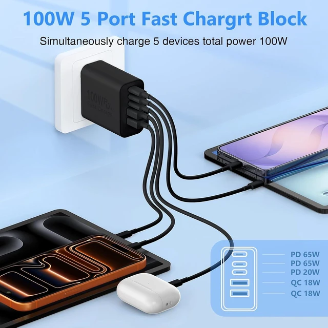 Alt view image 3 of 7 - USB C Wall Fast Charger Block 100W 5-Port Type C Fast Charging Block