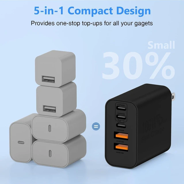 Alt view image 5 of 7 - USB C Wall Fast Charger Block 100W 5-Port Type C Fast Charging Block