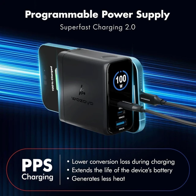 Alt view image 3 of 7 - 100W Smart LED GaN Charger 2XType-C & USB-A Superfast 2.0 Charging Compatible for iPhone 17/16/16 Pro Max/15 Series/iPad Pro Smartphones Tablets PD/PPS/QC 3.0 Compact Foldable Plug