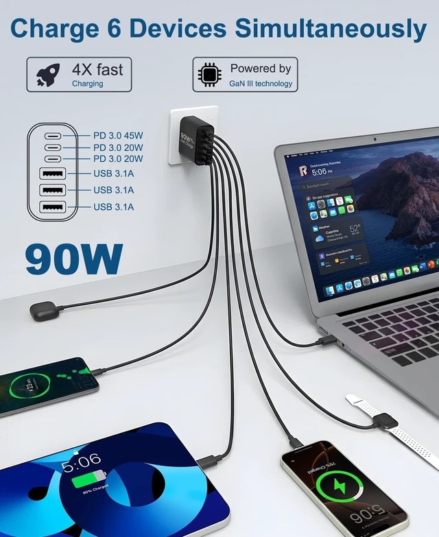 Alt view image 2 of 7 - 90W GaN USB C Charger Block 6-Port USB C Wall Charger 45W Fast Charging