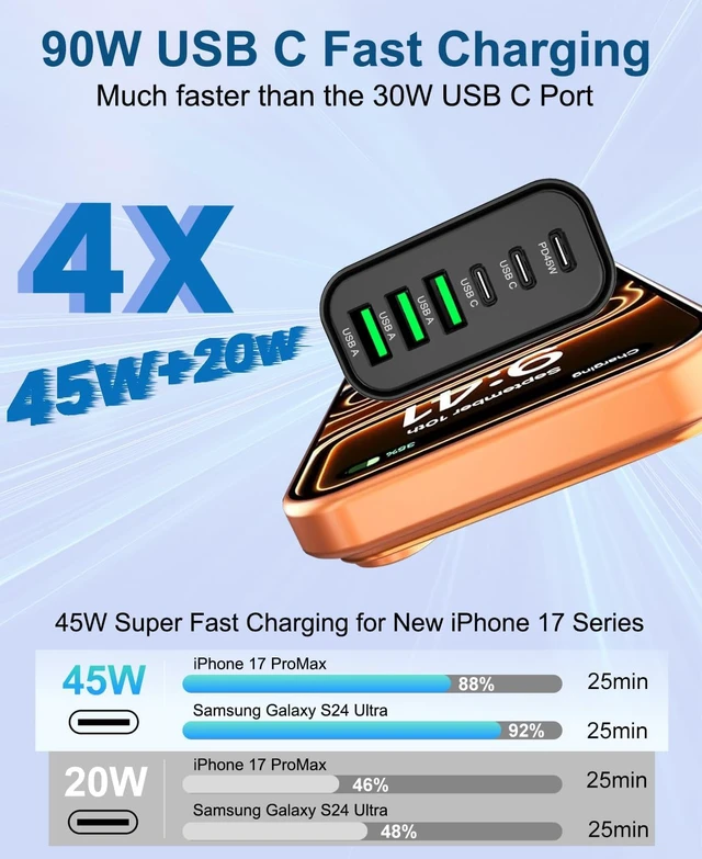 Alt view image 3 of 7 - 90W GaN USB C Charger Block 6-Port USB C Wall Charger 45W Fast Charging