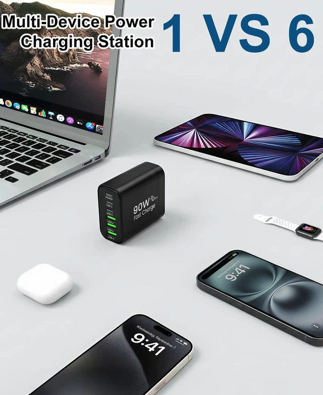Alt view image 7 of 7 - 90W GaN USB C Charger Block 6-Port USB C Wall Charger 45W Fast Charging