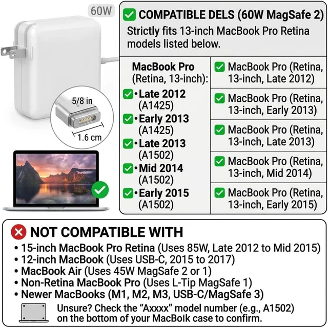 Alt view image 2 of 5 - UL Certified 60W MacBook Pro Charger Replacement MagSafe 2 Compatible with MacBook Pro 13 Inch Retina (2012-2015) & MacBook Air 11/13 Inch (2012-2017) A1425 A1435 A1465 A1466 A1502